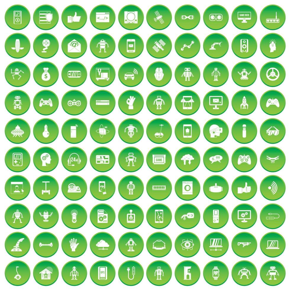 100 robot icons set green circle vector