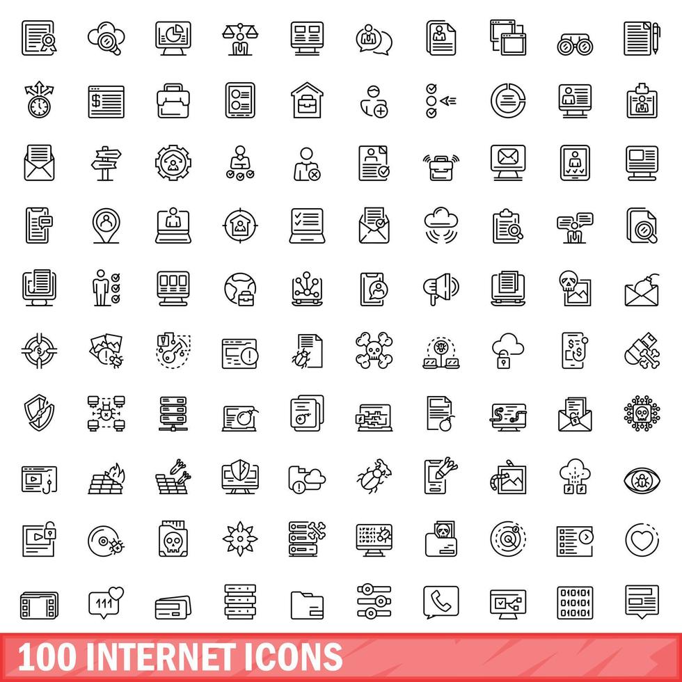 100 internet icons set, outline style vector