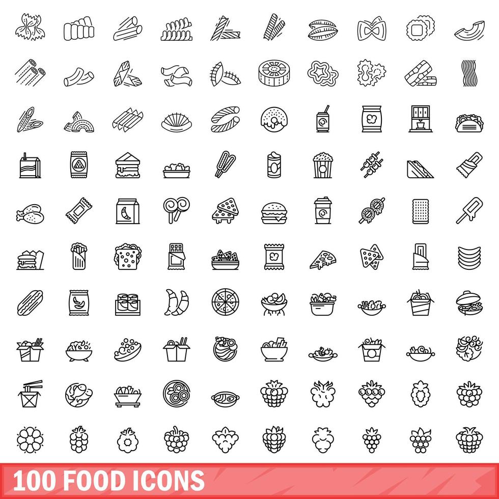 100 food icons set, outline style vector