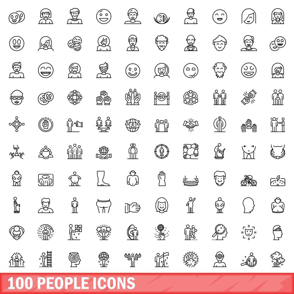 100 people icons set, outline style vector