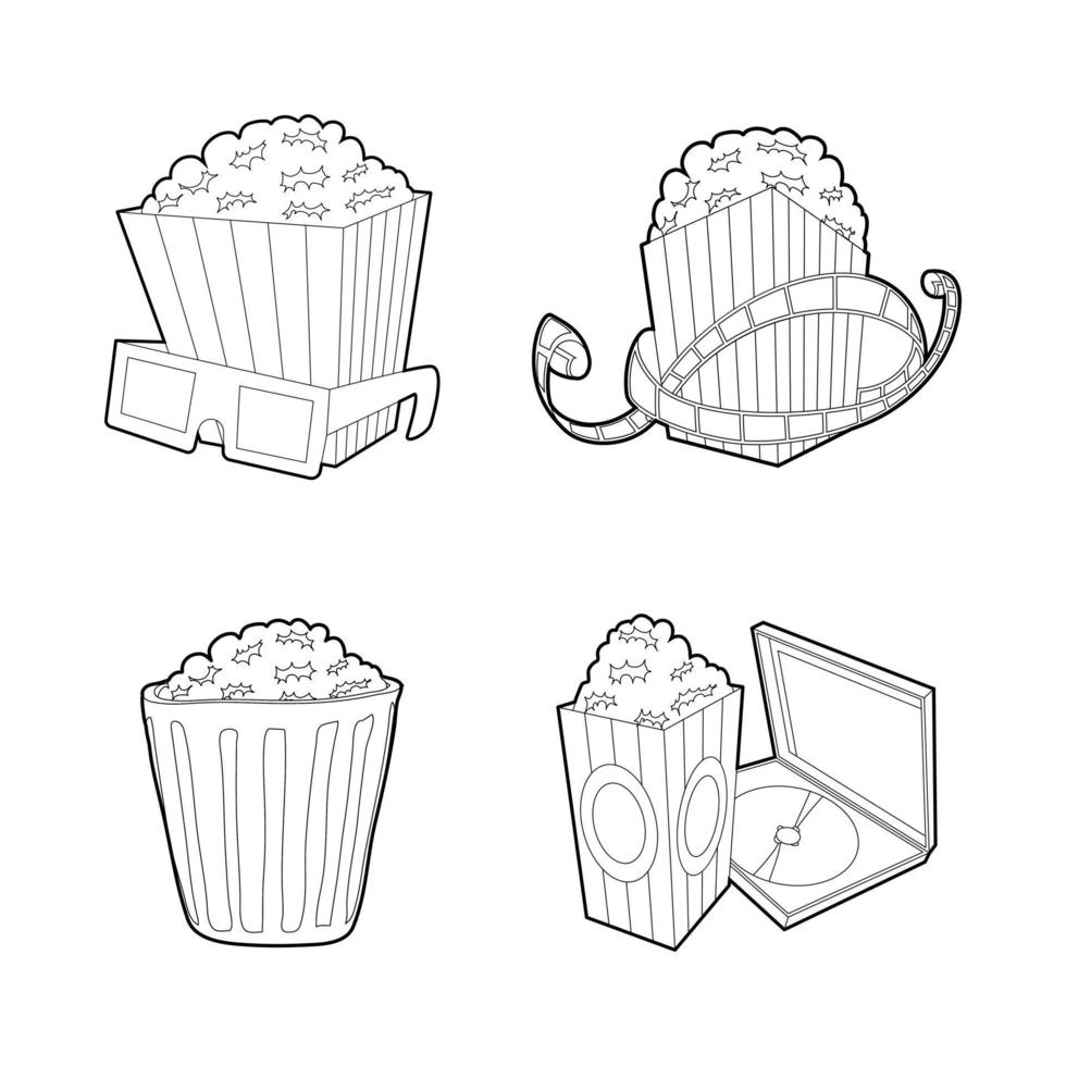 Popcorn icon set, outline style vector