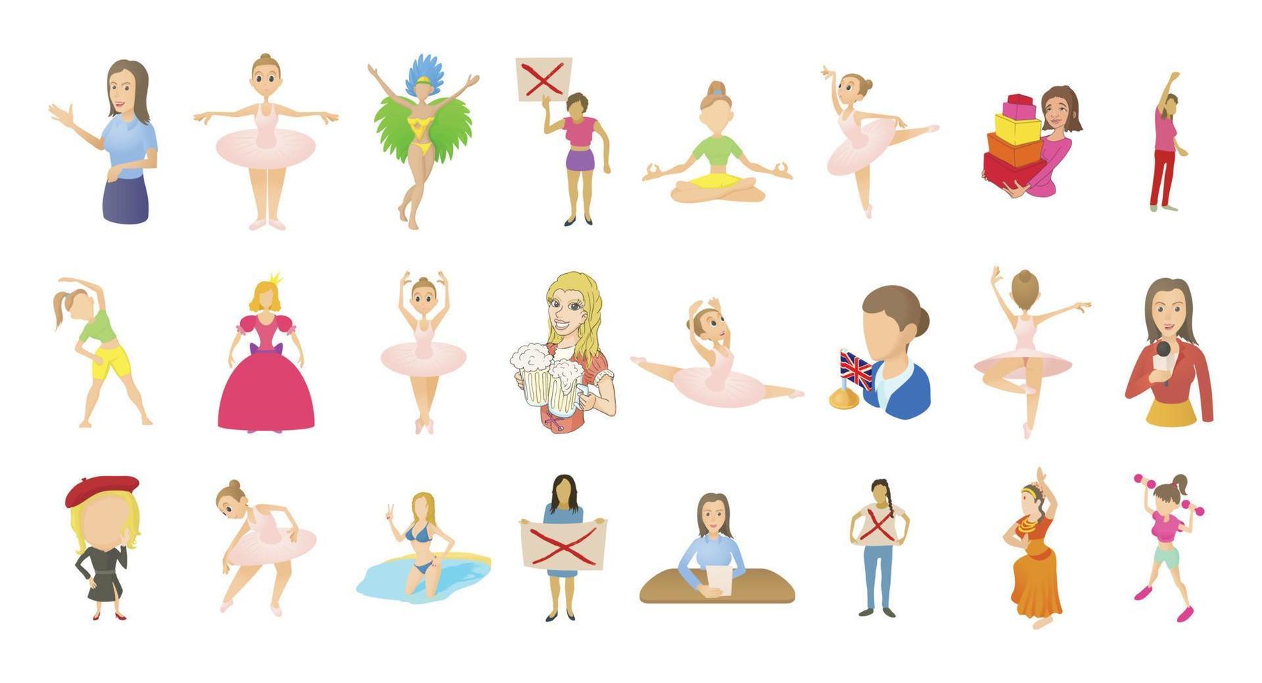 conjunto de iconos de personaje de mujer, estilo de dibujos animados vector