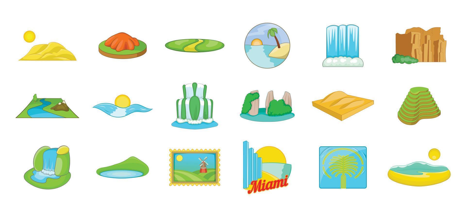 conjunto de iconos de paisaje, estilo de dibujos animados vector