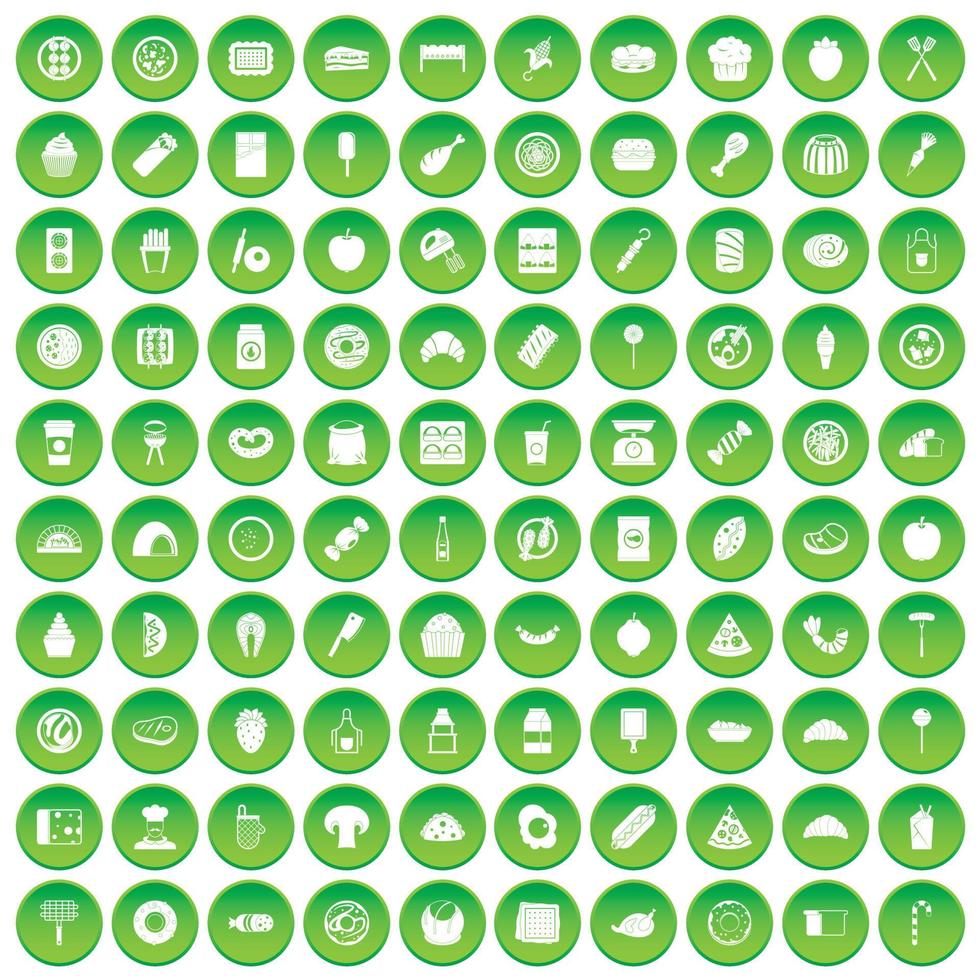 100 deliciosos platos iconos en círculo verde vector