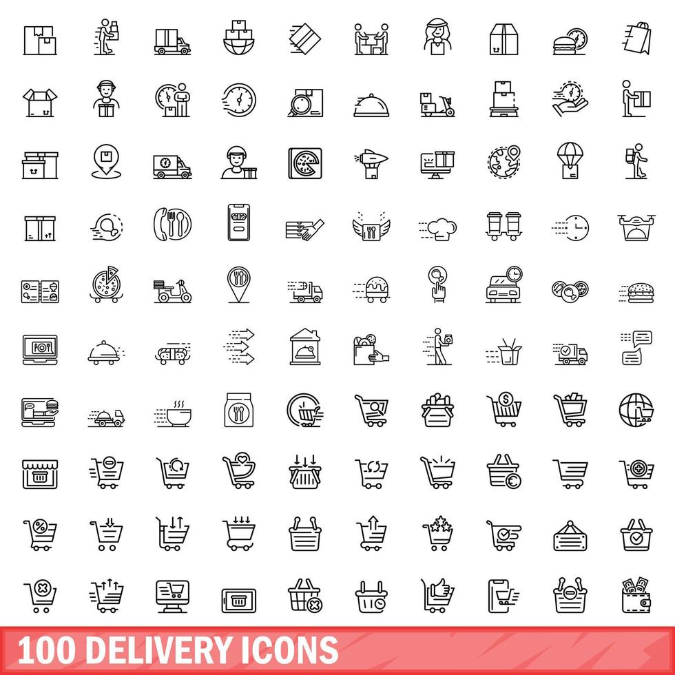 100 conjunto de iconos de entrega, estilo de esquema vector