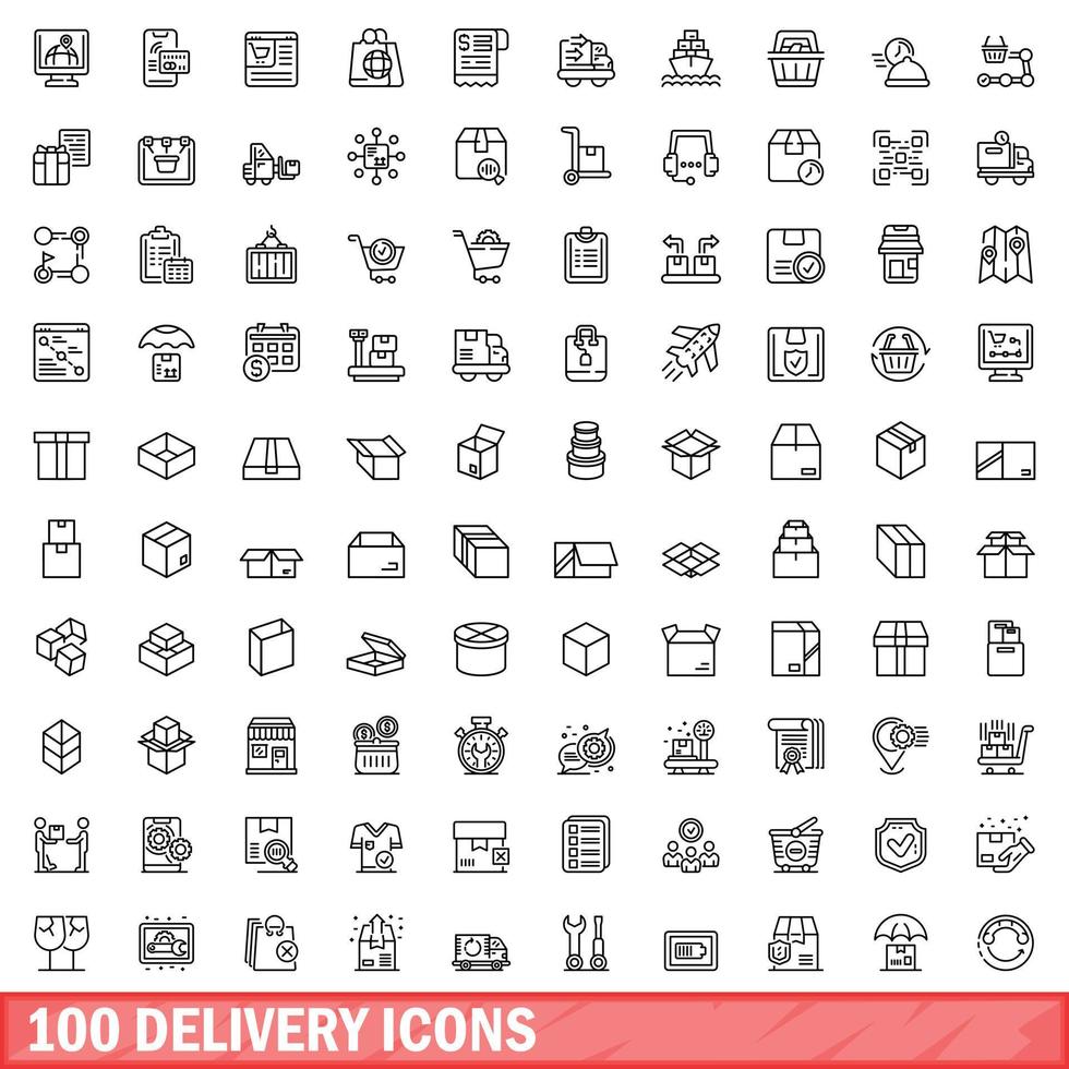 100 conjunto de iconos de entrega, estilo de esquema vector