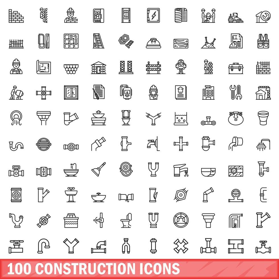 100 construction icons set, outline style vector