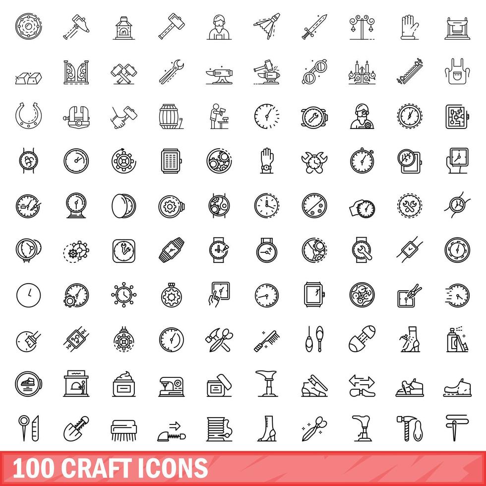 100 craft icons set, outline style vector