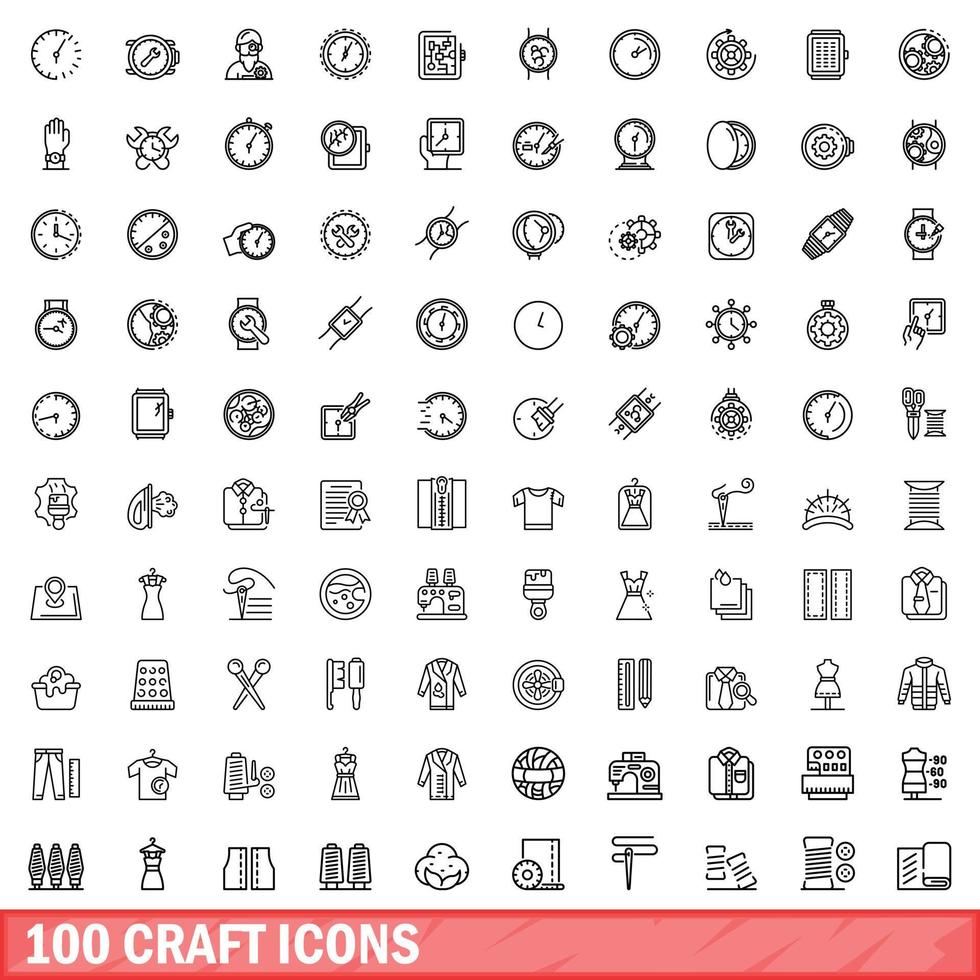 100 craft icons set, outline style vector