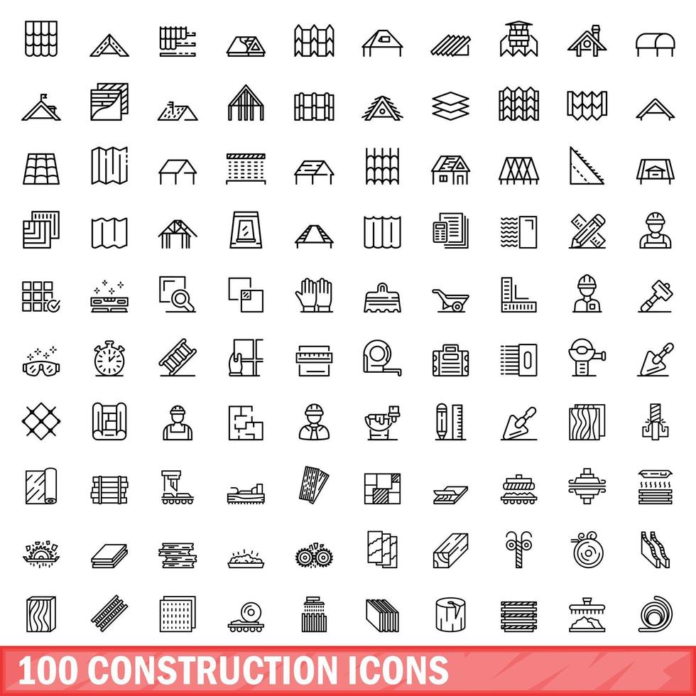 100 construction icons set, outline style vector