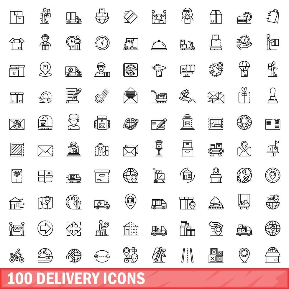 100 conjunto de iconos de entrega, estilo de esquema vector