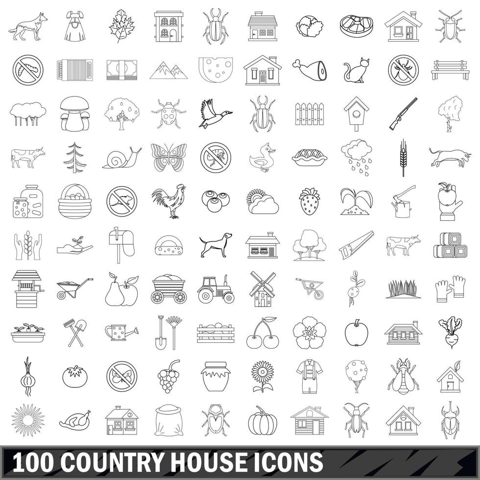 100 iconos de casa de campo, estilo de contorno vector