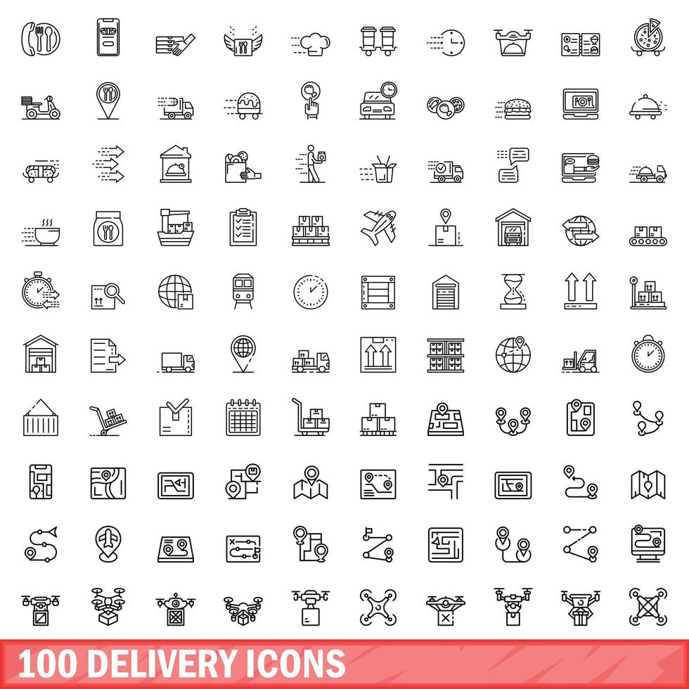 100 conjunto de iconos de entrega, estilo de esquema vector