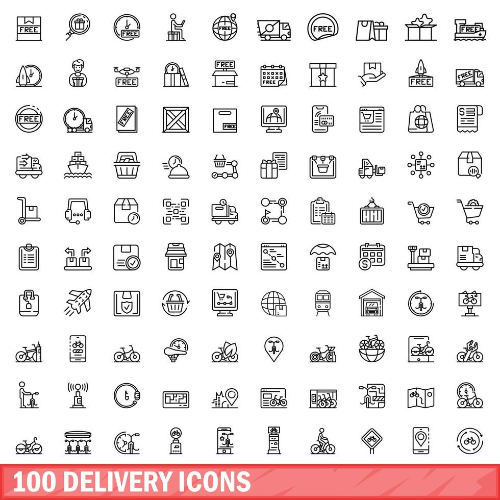 100 conjunto de iconos de entrega, estilo de esquema vector