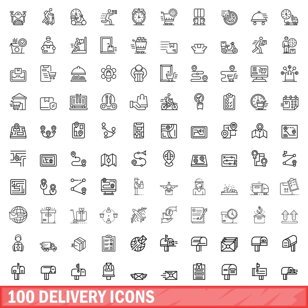 100 delivery icons set, outline style vector