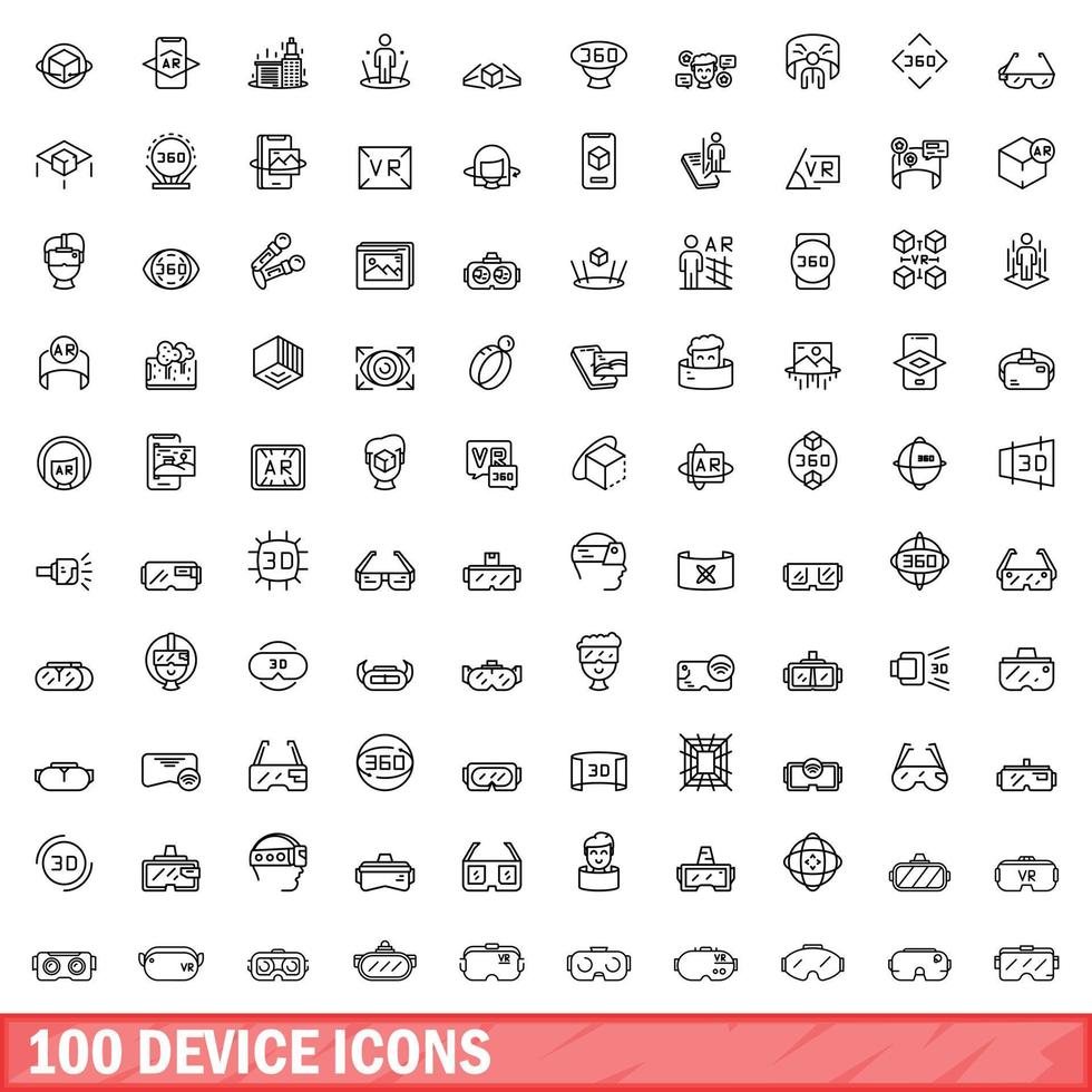 100 device icons set, outline style vector