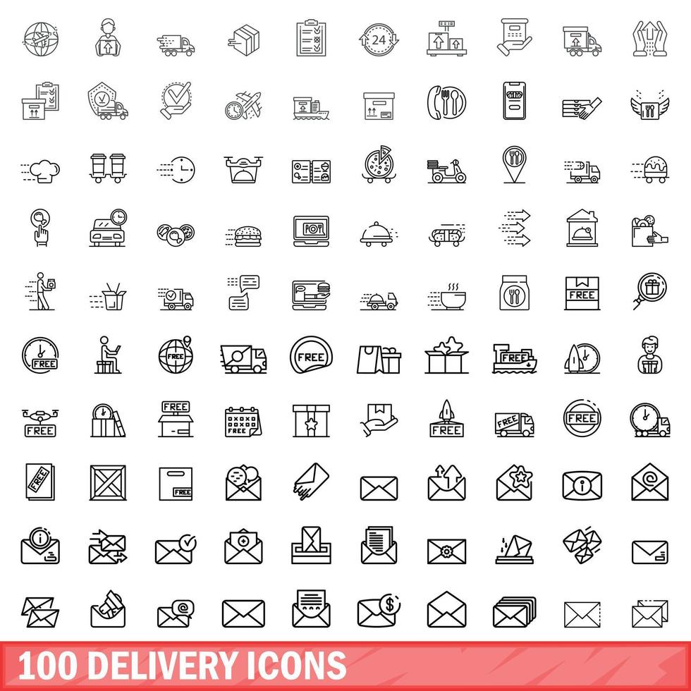 100 conjunto de iconos de entrega, estilo de esquema vector