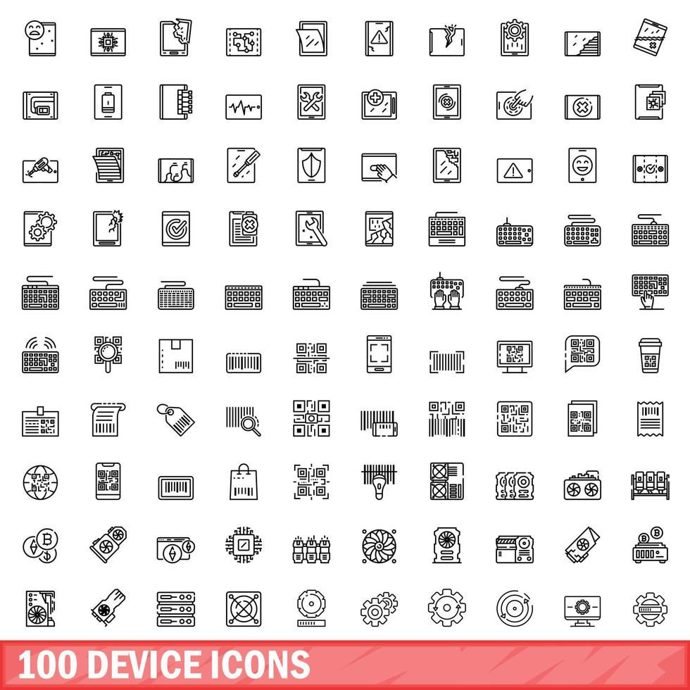 100 device icons set, outline style vector