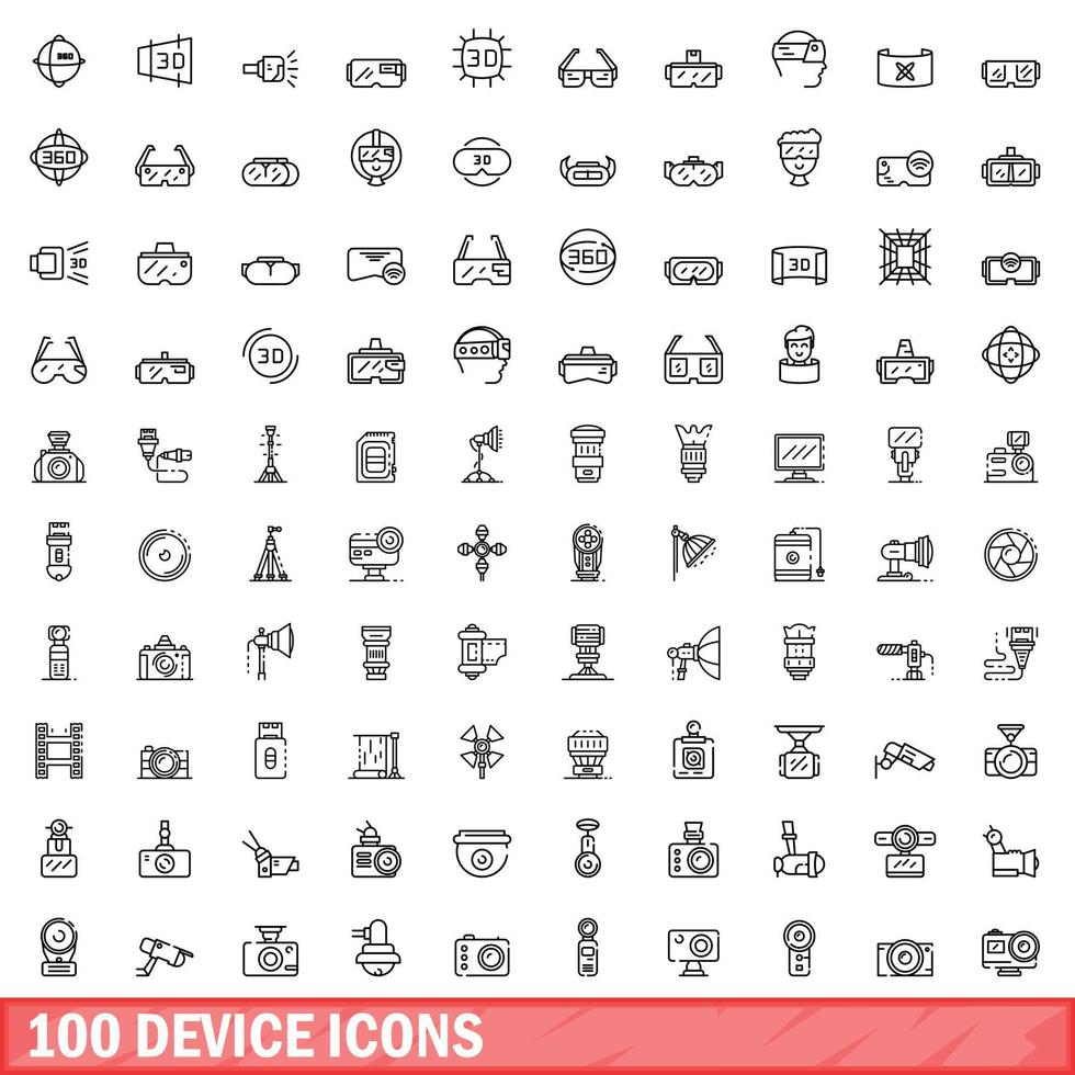 100 device icons set, outline style vector