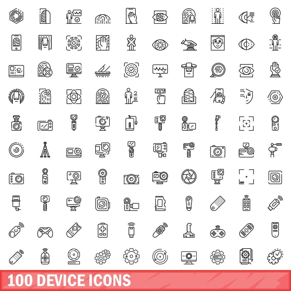 100 device icons set, outline style vector