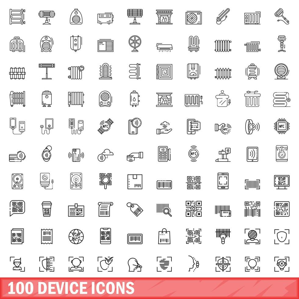 100 device icons set, outline style vector