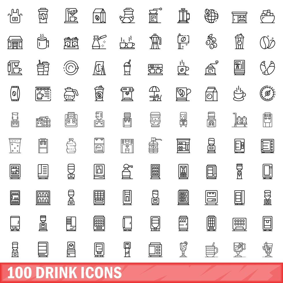 100 drink icons set, outline style vector