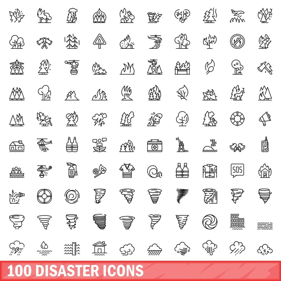 100 iconos de desastres establecidos, estilo de esquema vector