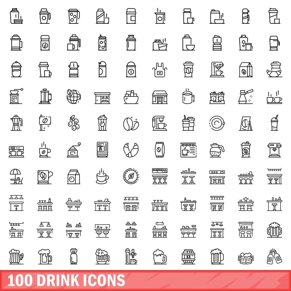 100 drink icons set, outline style vector