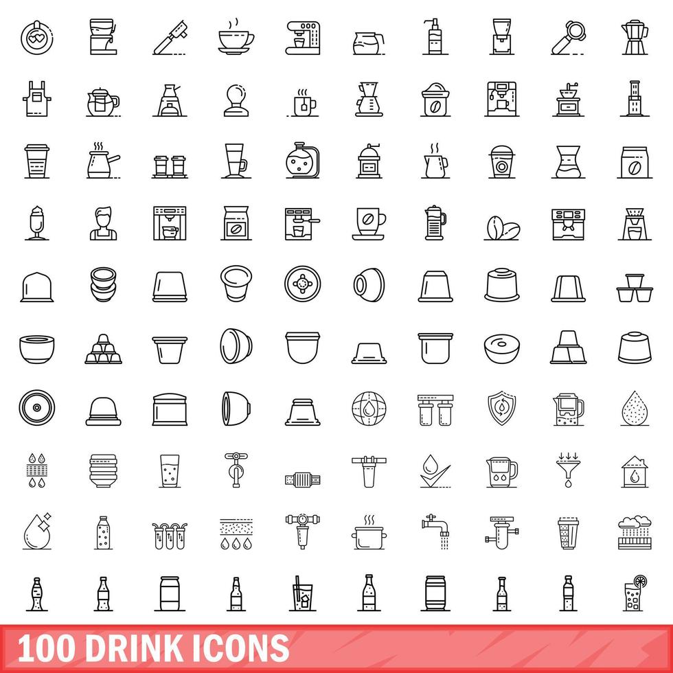 100 iconos de bebida, estilo de esquema vector