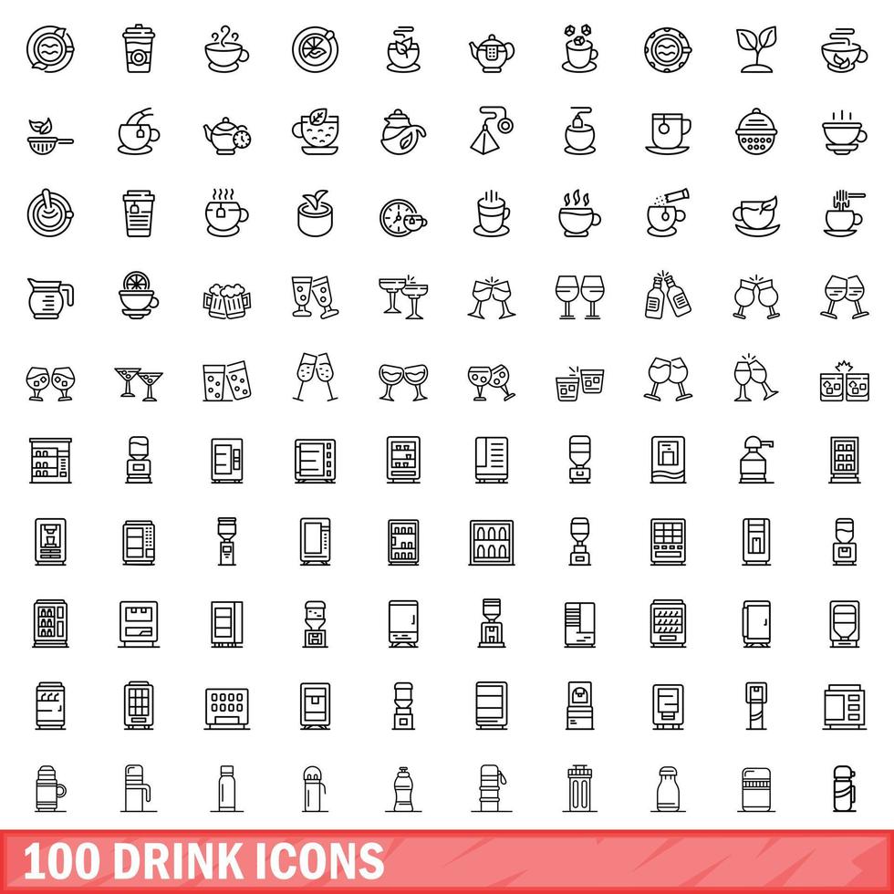 100 drink icons set, outline style vector