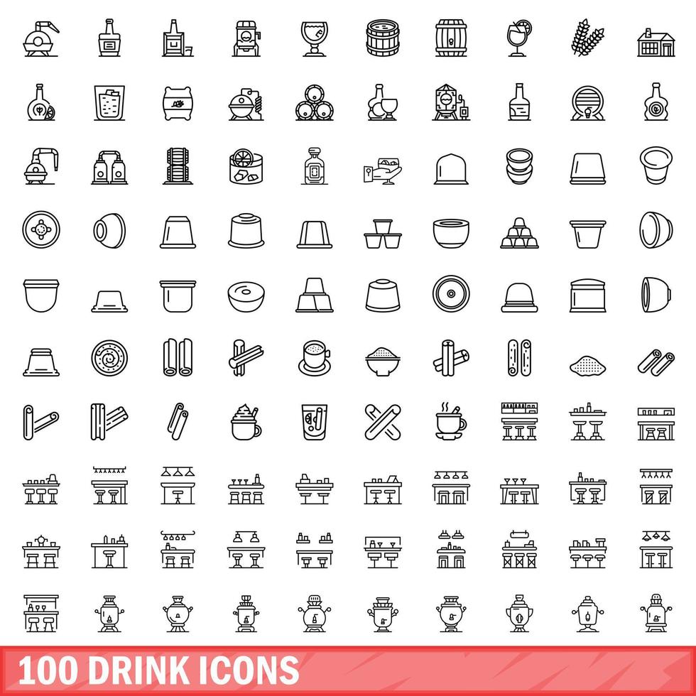 100 drink icons set, outline style vector