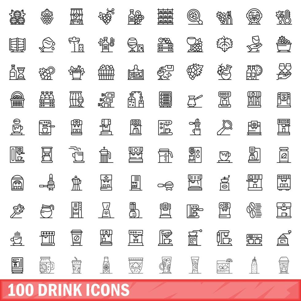 100 iconos de bebida, estilo de esquema vector