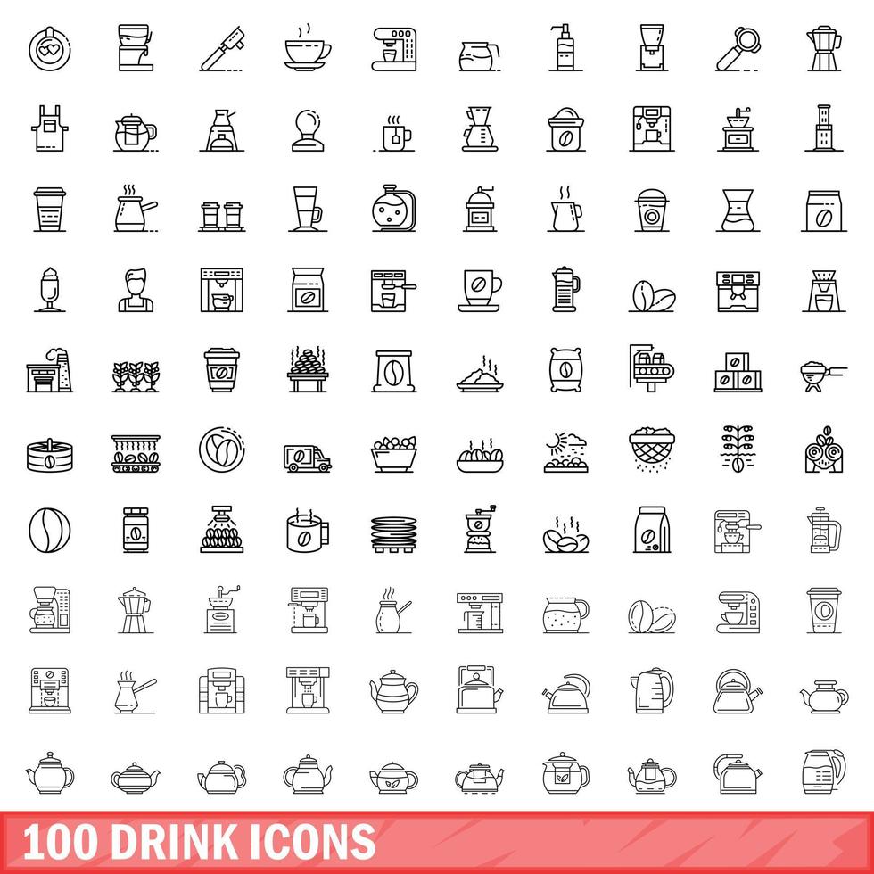 100 iconos de bebida, estilo de esquema vector