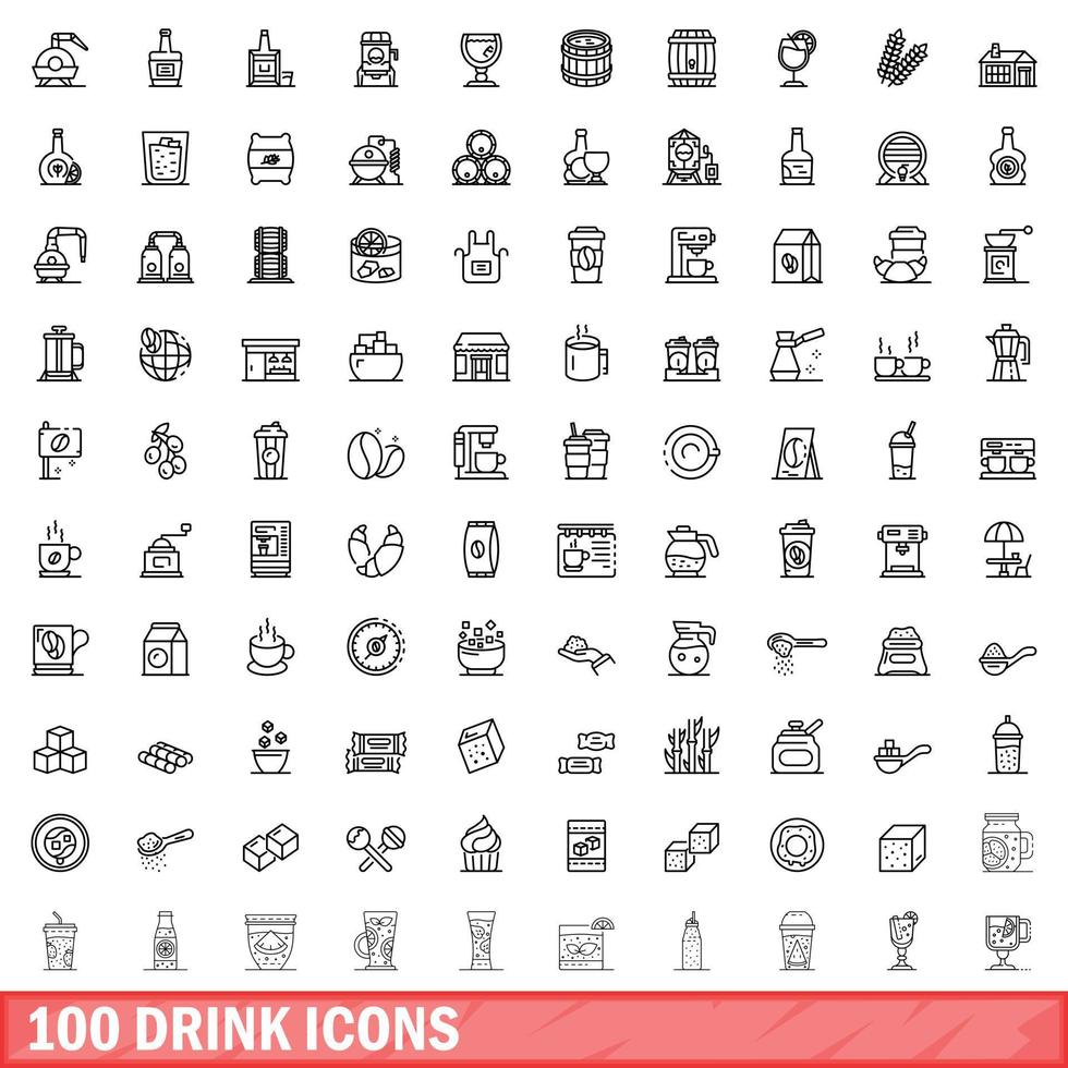 100 iconos de bebida, estilo de esquema vector