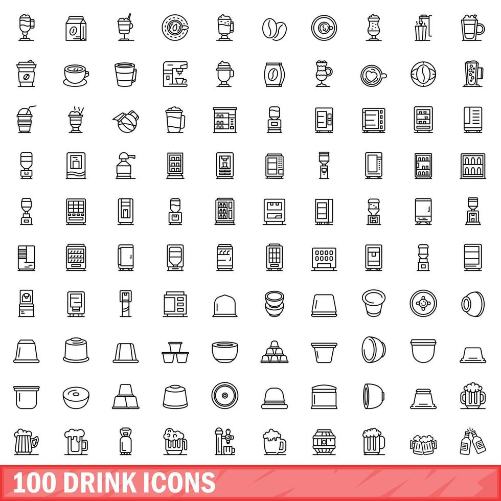100 drink icons set, outline style vector