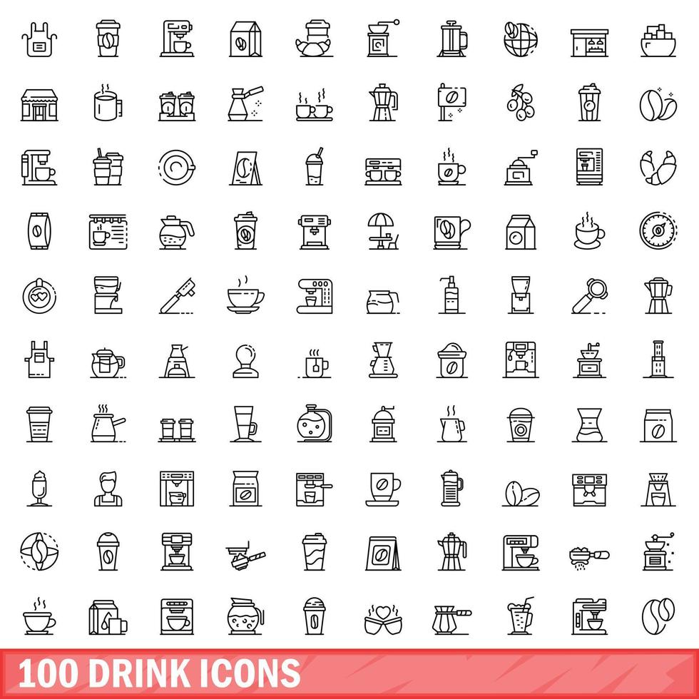 100 drink icons set, outline style vector