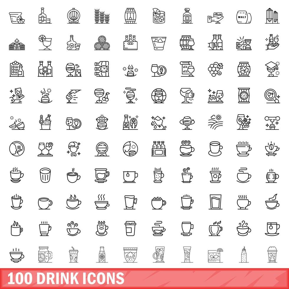 100 drink icons set, outline style vector