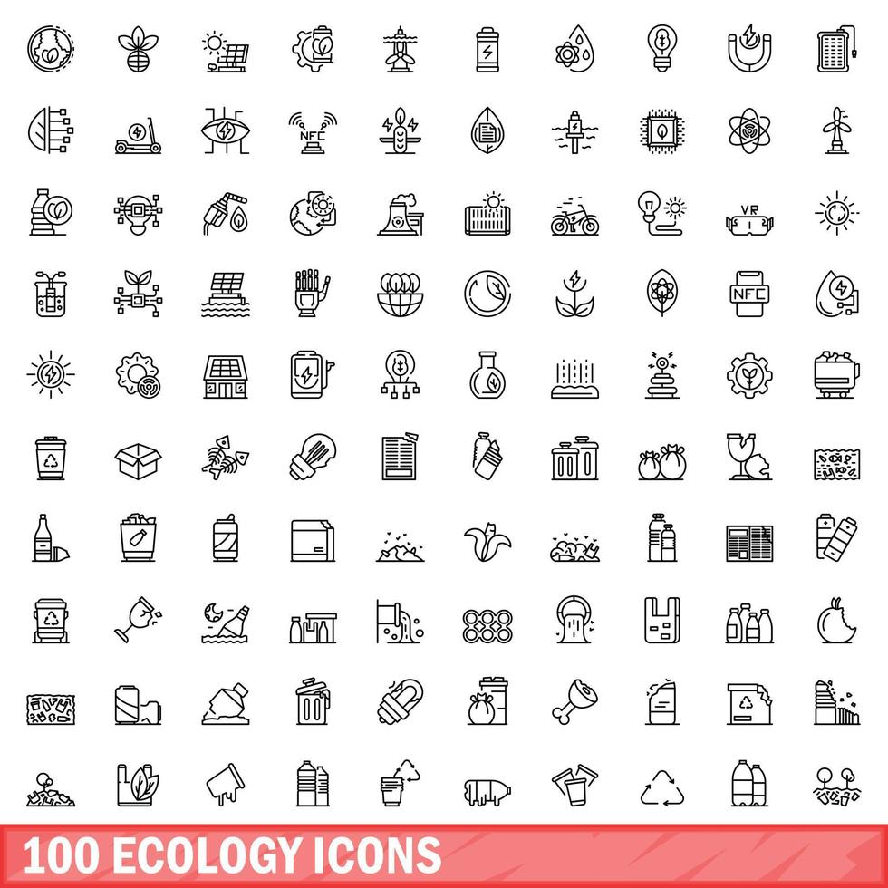 100 iconos de ecología, estilo de esquema vector