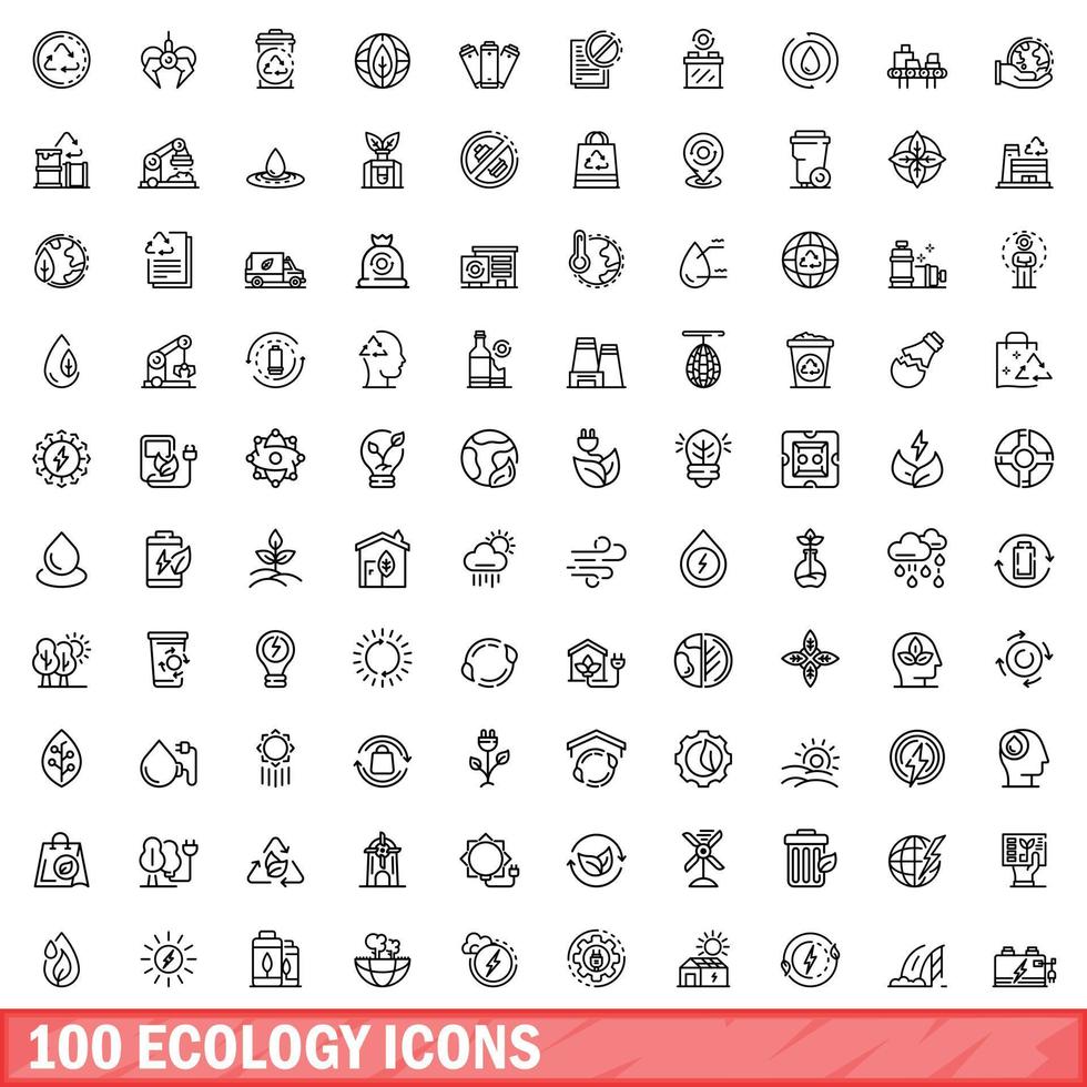 100 iconos de ecología, estilo de esquema vector