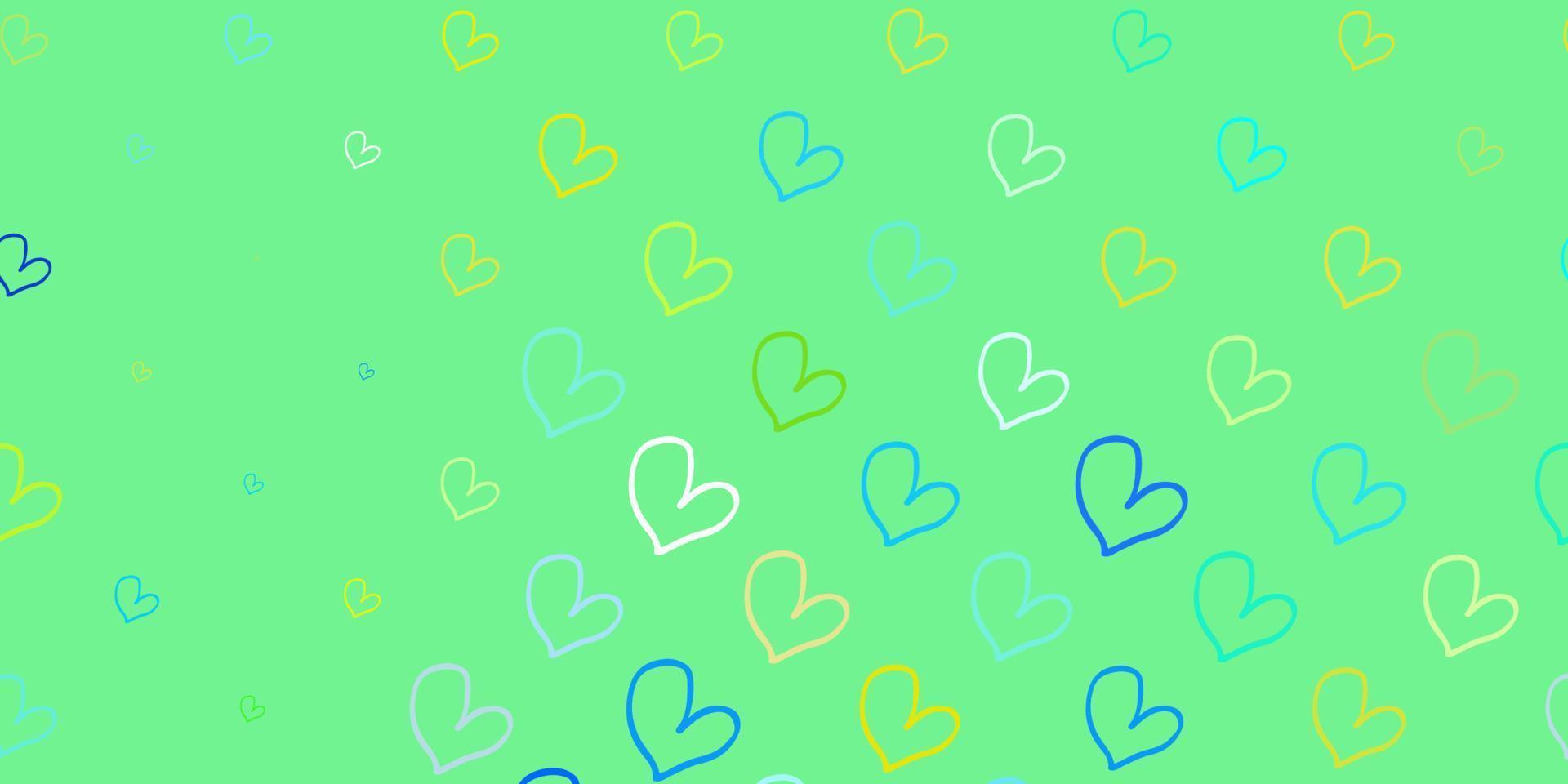 patrón de vector azul claro, amarillo con corazones de colores.