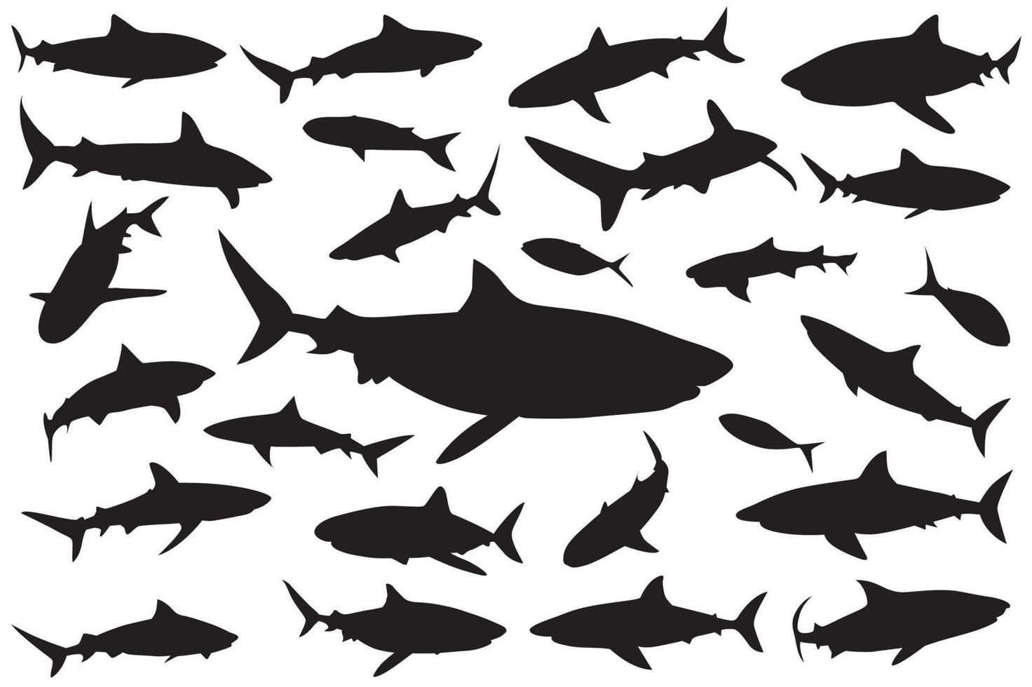 silueta de tiburón, conjunto de tiburones. colección de siluetas de peces marinos nadadores depredadores vector