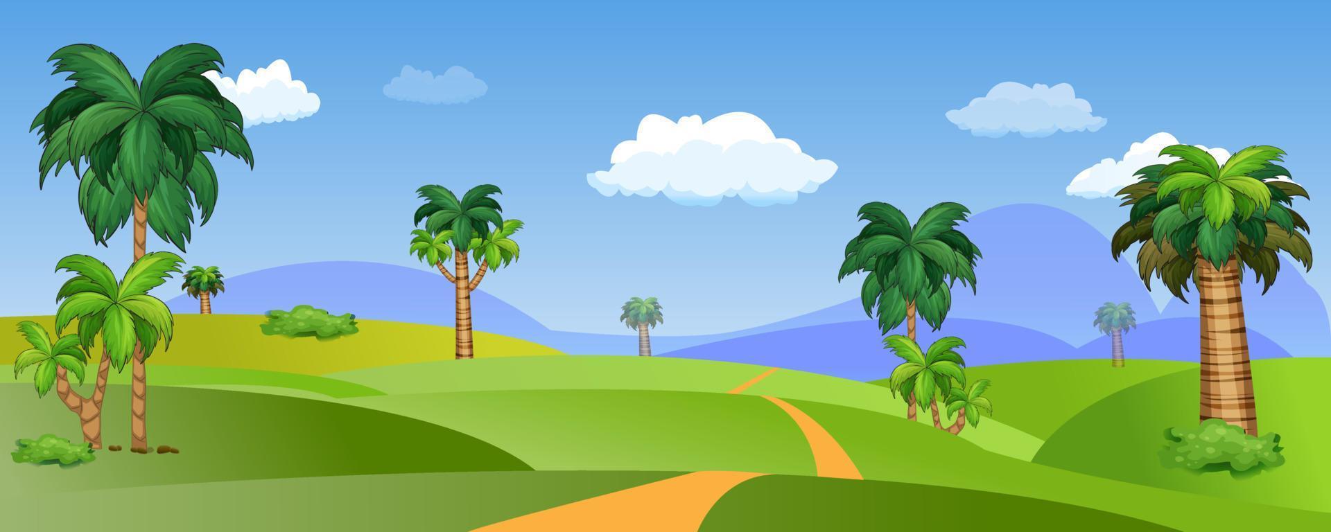 paisaje natural con cielo azul, montañas de fondo y prados verdes y floridos vector