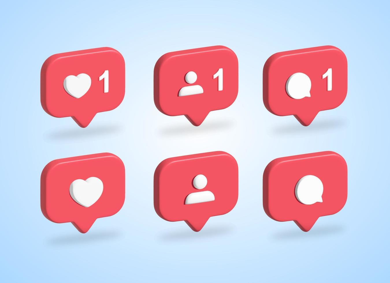 Conjunto de iconos de notificación de redes sociales 3d vector, amor, me gusta, seguir, comentar vector