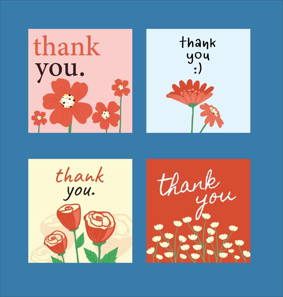 thank you card with flowers doodle style vector design