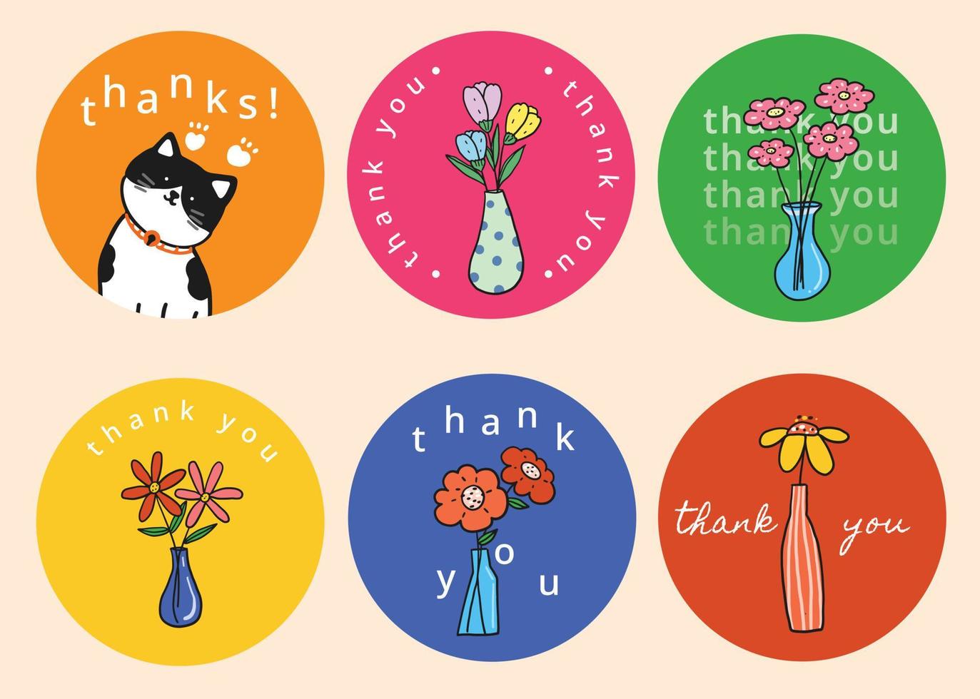 thank you sticker with rose flowers and cat doodle style vector design