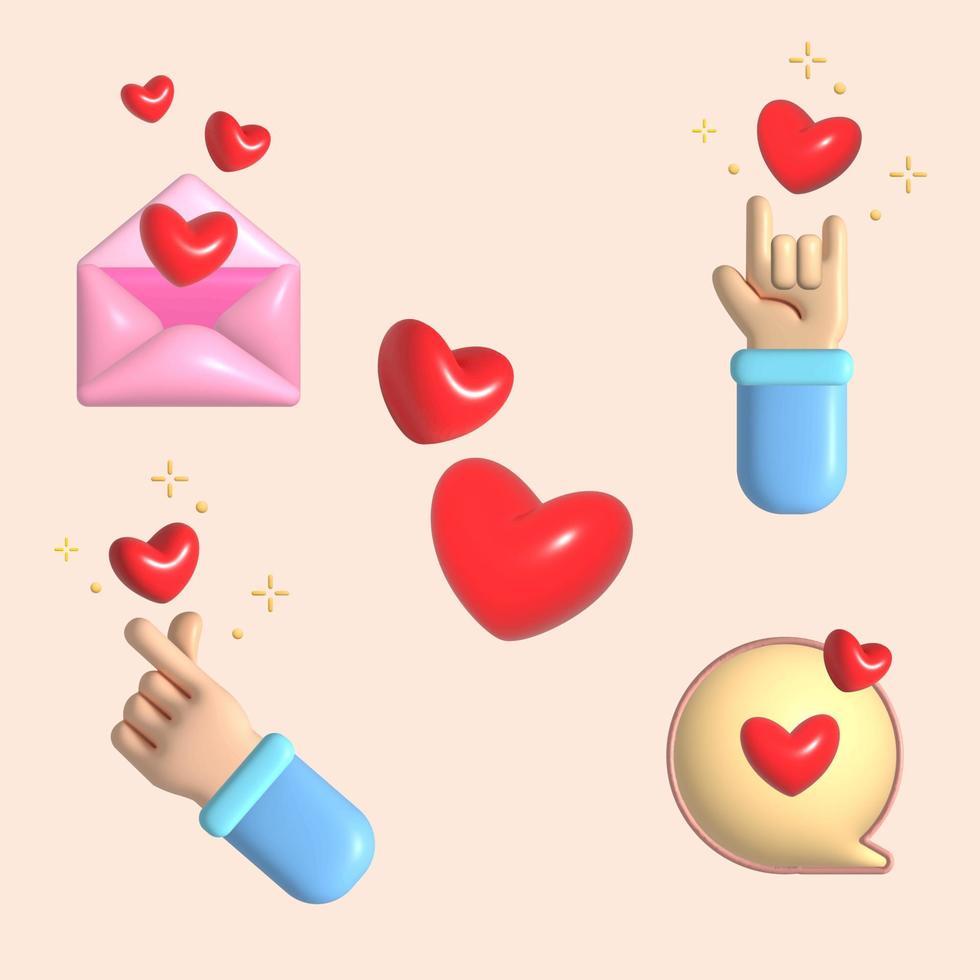 Juego de iconos de amor 3d, corazón, mini corazón, chat de burbujas, diseño de vectores de amor con letras