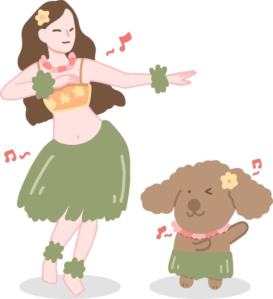 mujer isleña bailando con diseño de vector de personaje de dibujos animados de perro