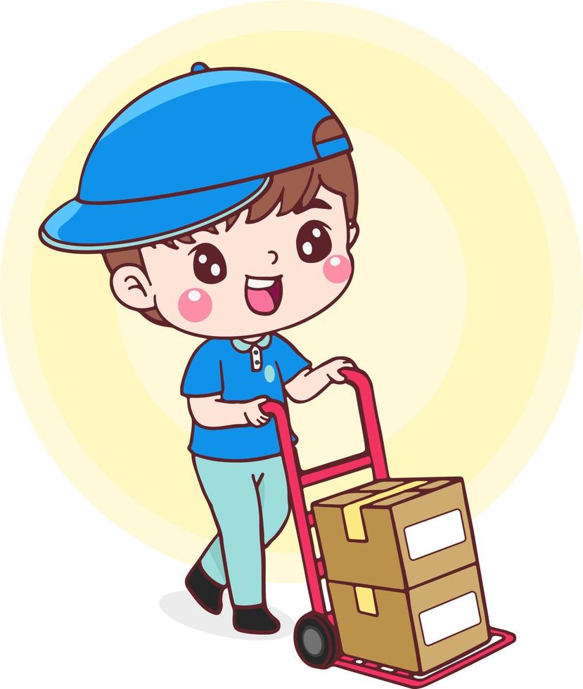 Cartoon character delivery man. courier in uniform cardboard boxes on hand truck. Flat illustration isolated vector design