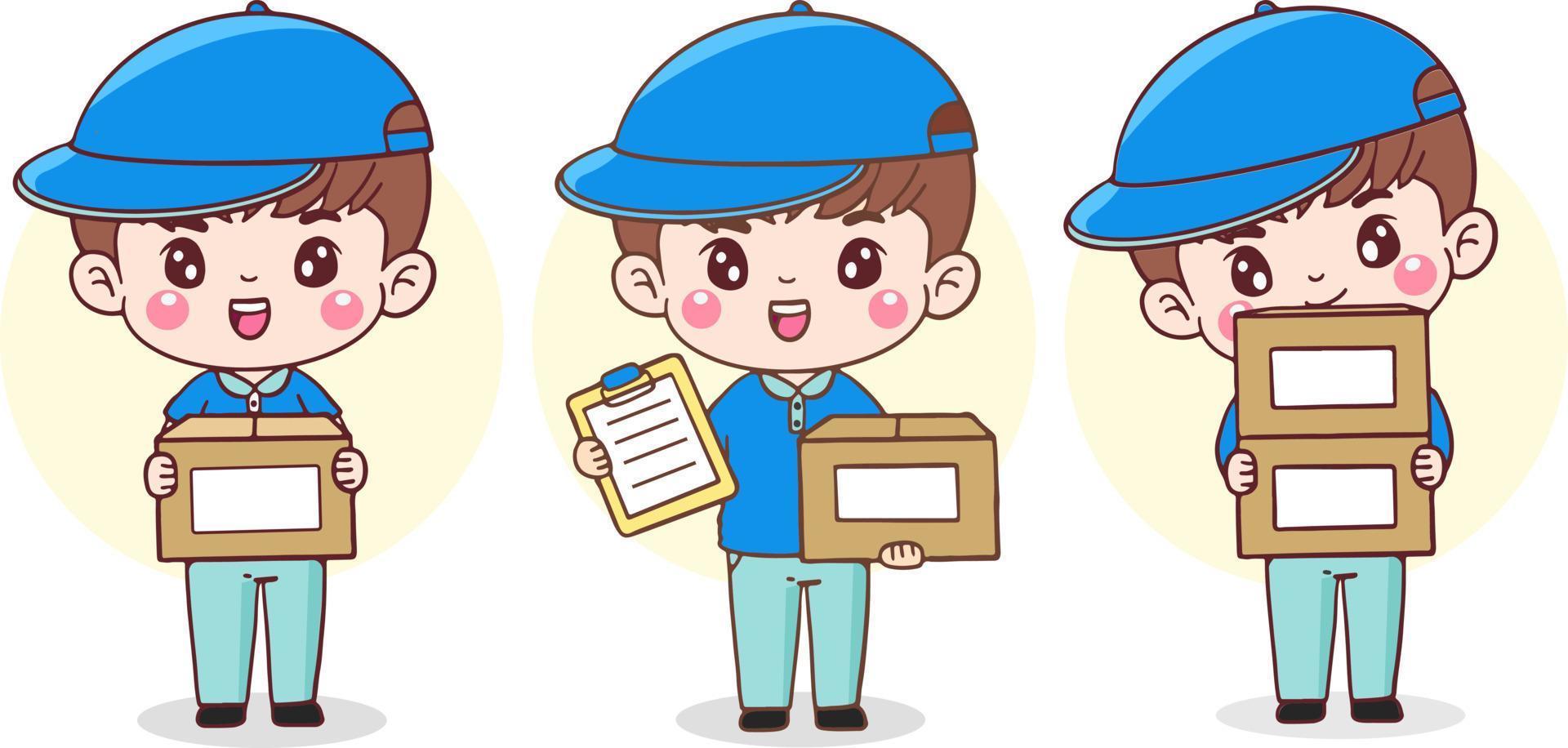 Set cartoon character delivery man. courier in uniform holding cardboard boxes . Flat illustration vector design