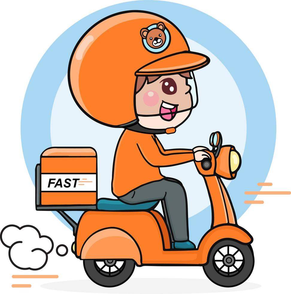 cartoon character delivery man ride motorcycle, shipping fast express flat illustration vector